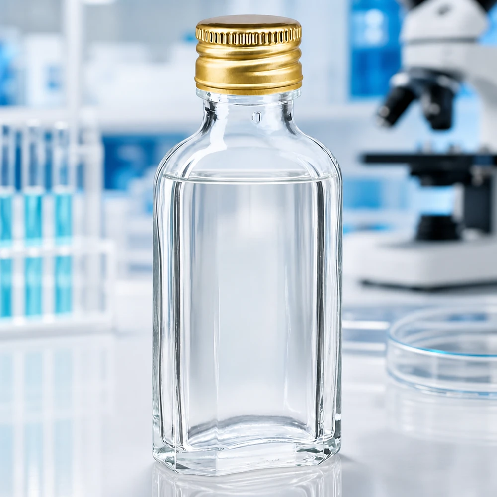 Flacone trasparente Meplat da 50 ml con tappo a vite in alluminio color giallo dorato PP22 in un laboratorio scientifico