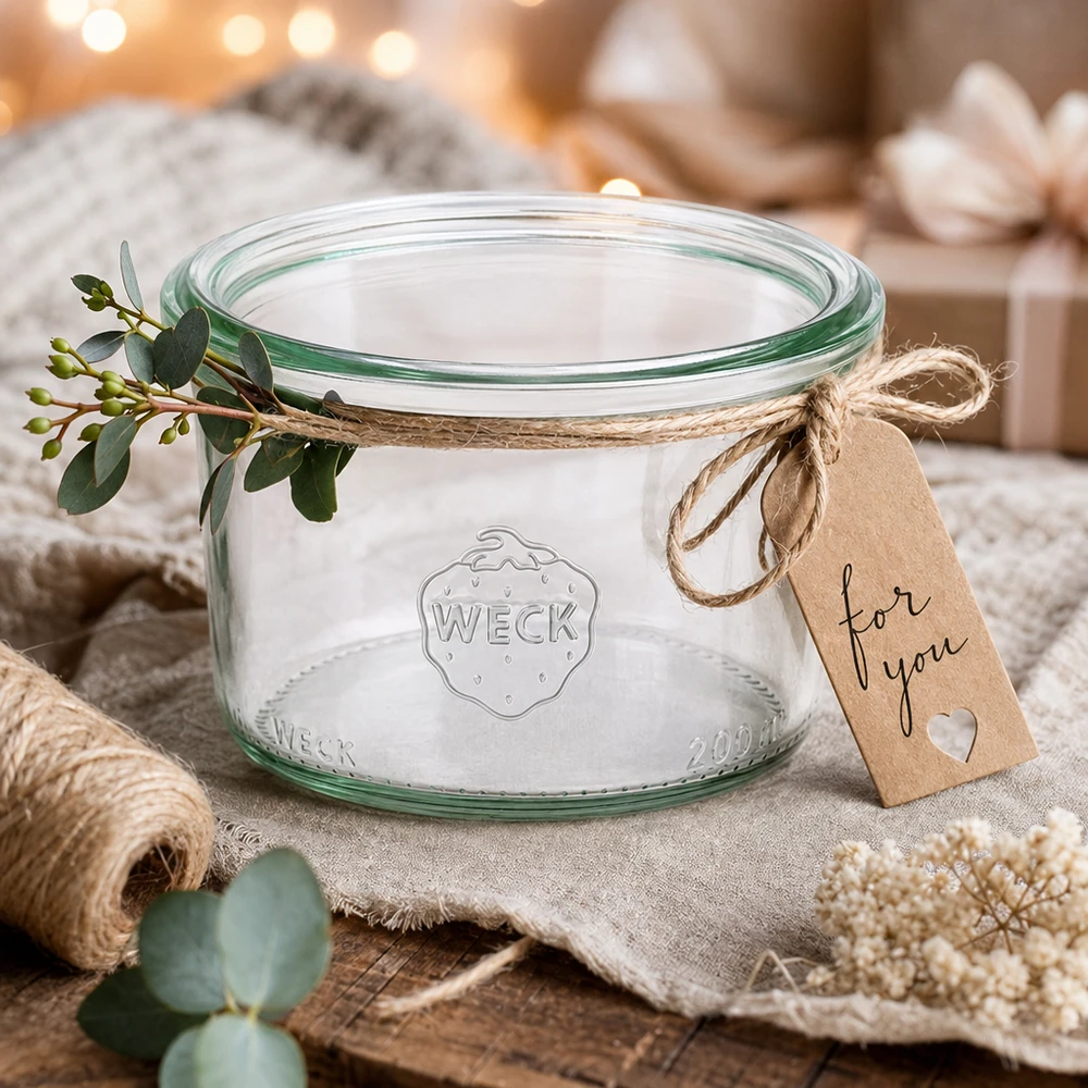 Bicchieri WECK 200ml RR80 con coperchio, decorati con eucalipto e etichetta regalo su un tavolo di legno rustico