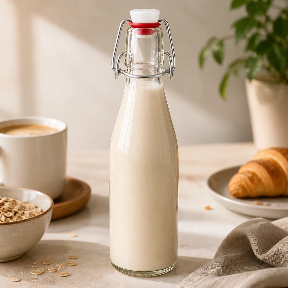 Bottiglia di vetro da 250 ml con tappo oscillante riempita di latte accanto a fiocchi d'avena, tazzina da caffè e cornetto