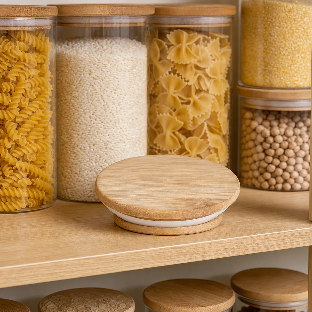 Coperchio in legno WECK RR60 in una pratica ambientazione da cucina tra vasi per la conservazione di pasta riso e legumi
