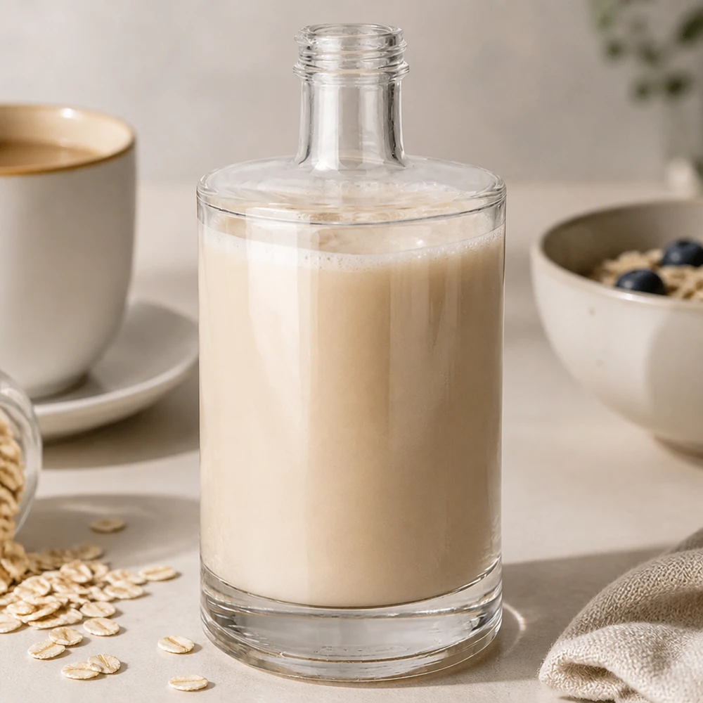 Bottiglia in vetro da 500 ml Sam senza tappo a vite UNiTWIST® 500ml Glasflasche Sam mit Hafermilch befüllt neben Kaffeetasse und Haferflocken stylische Küchenszene morgendlicher Life