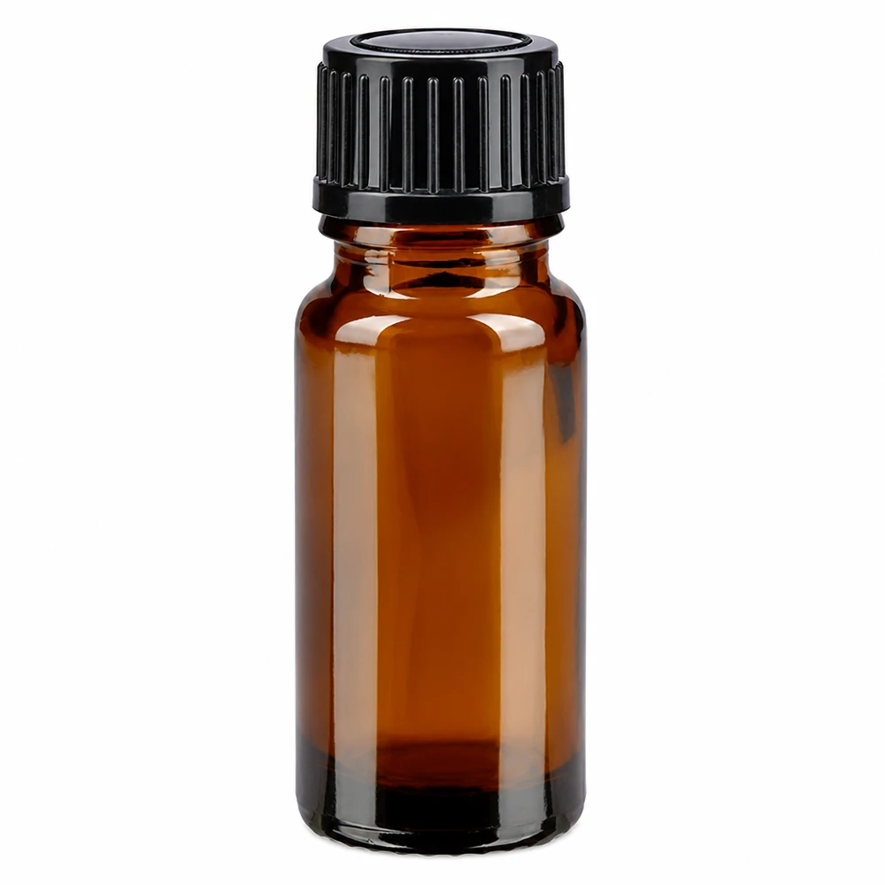 Flacone da farmacia marrone da 10 ml in vetro ambrato con tappo a vite nero da 11 mm