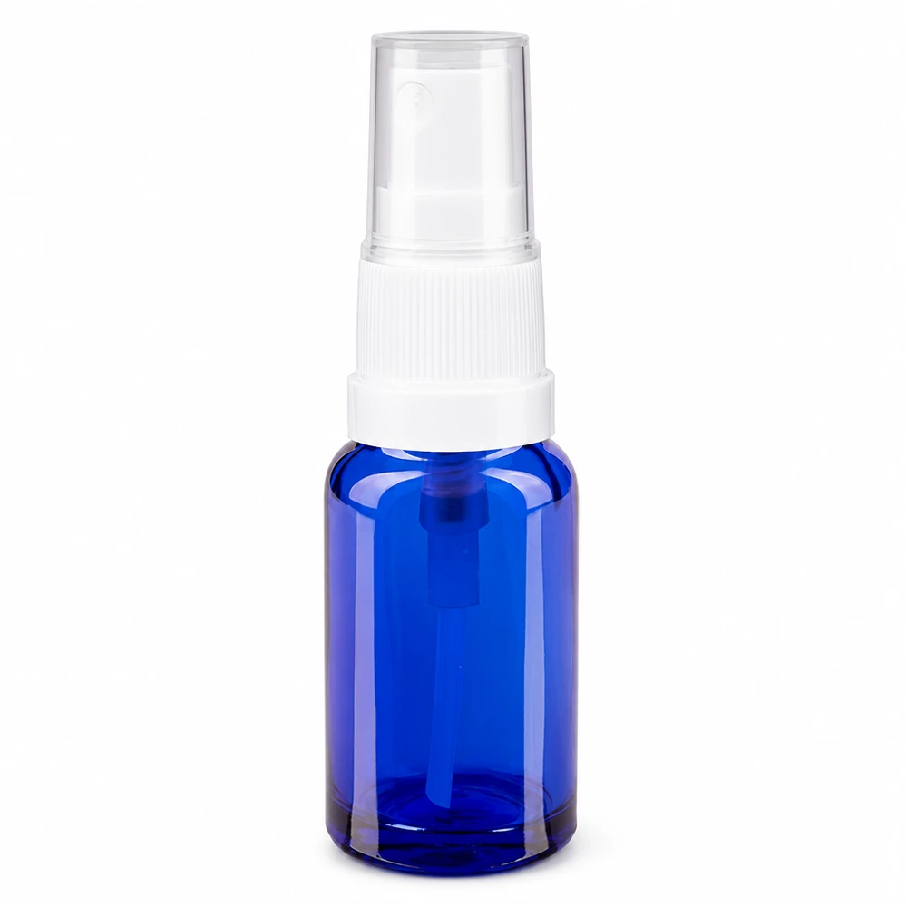 Flacone spray blu da 10ml STD bianco/trasparente apoGlas Flacone spray in vetro blu da 10 ml con nebulizzatore bianco e tappo protettivo trasparente per farmacie