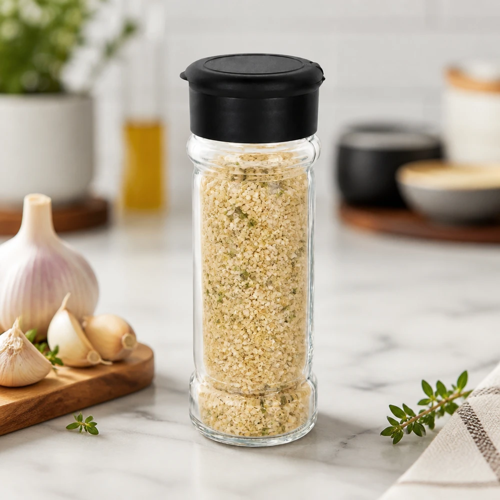 Barattolo per sale/spezie da 100 ml con dosatore, nero Barattolo per spezie da 100 ml riempito con sale all’aglio e dotato di dosatore nero su base in marmo