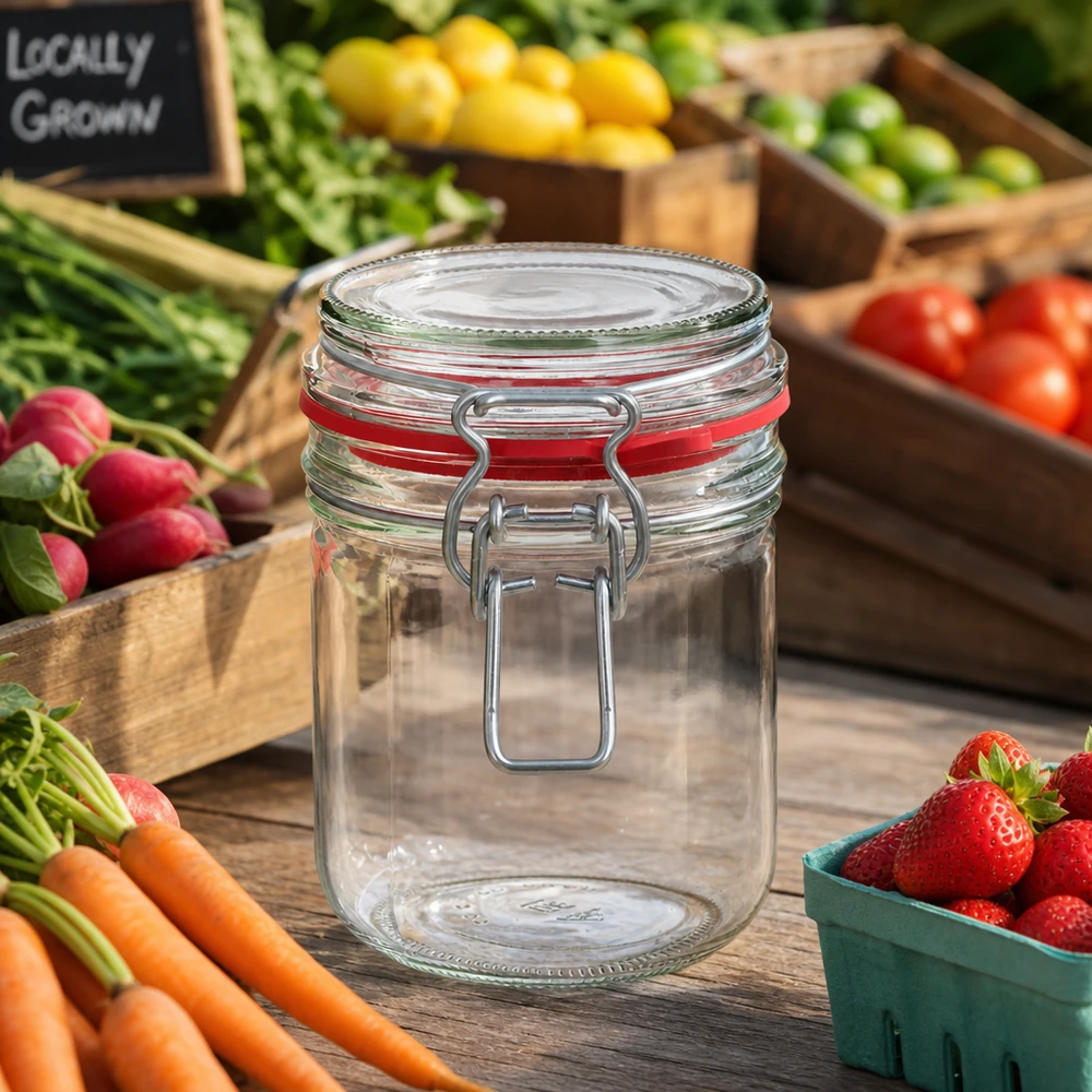 Barattolo da conservazione da 400 ml, tipo G, con chiusura a clip UN.. Barattolo rotondo da 400 ml con tappo girevole in robusto vetro trasparente per un'organizzazione duratura in cucina