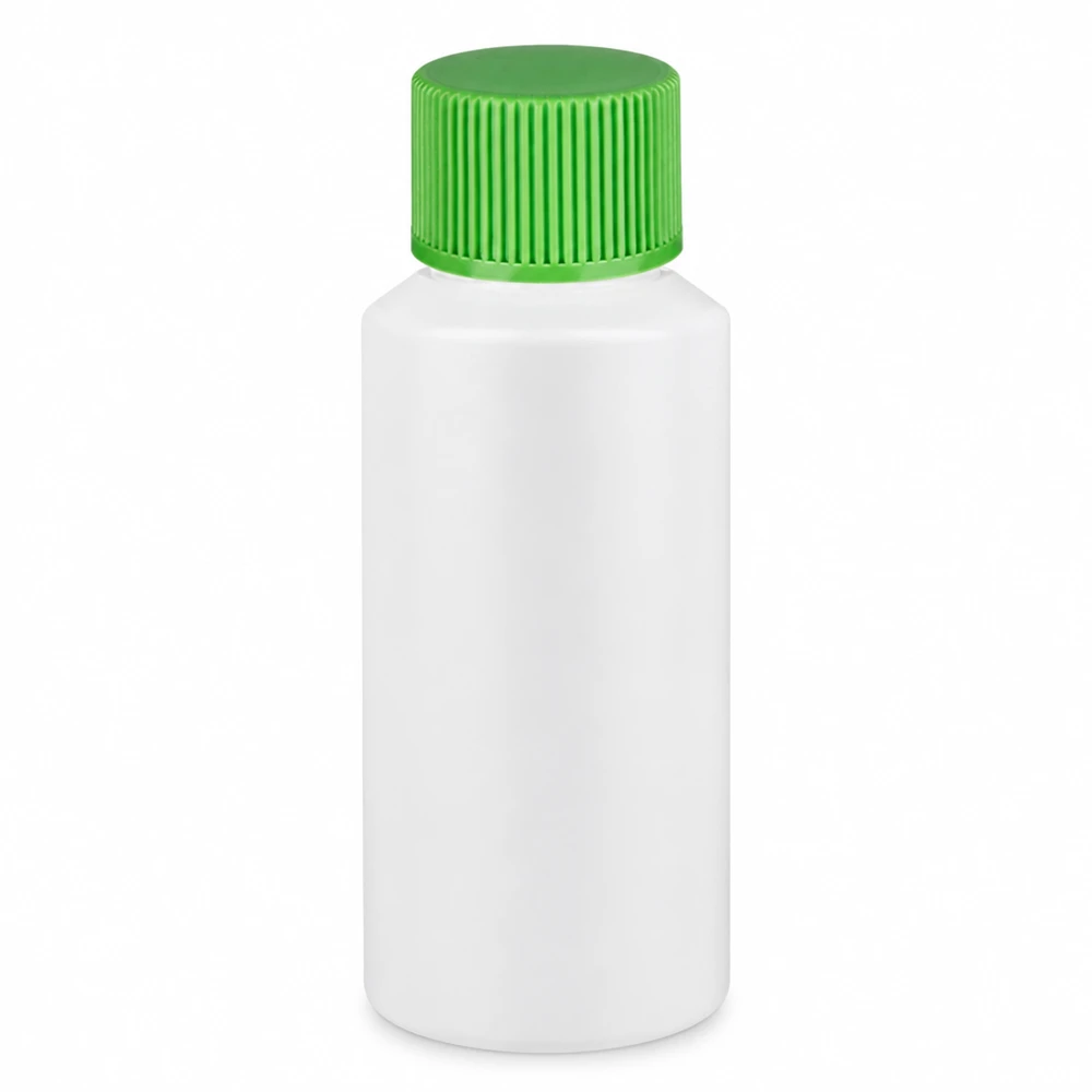Flacone da farmacia in HDPE da 30 ml, bianco con SV verde, ideale per liquidi e polveri