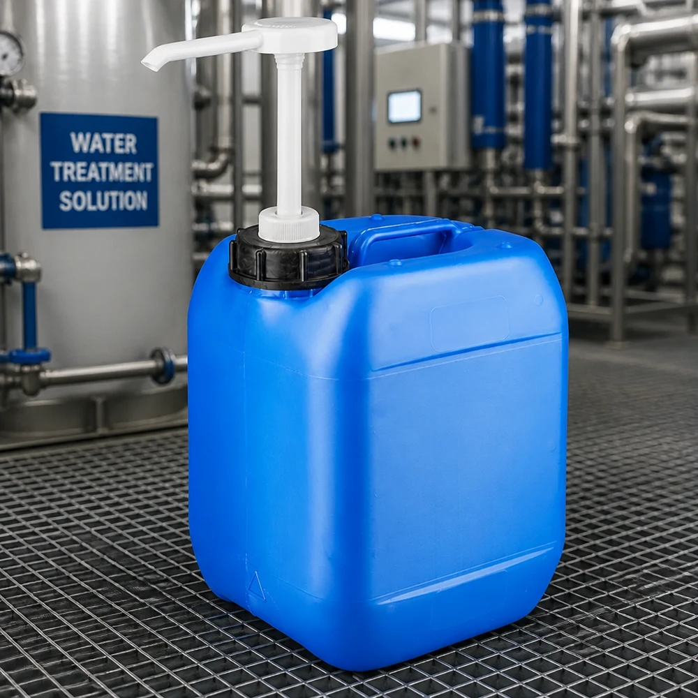 Tanica 5 litri blu con pompa dosatrice Tanica blu in HDPE da 5 litri con pompa dosatrice in un impianto di trattamento delle acque