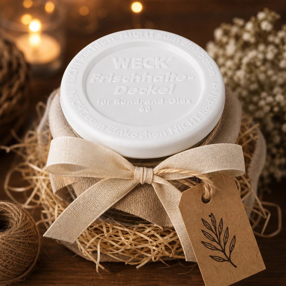 WECK keep-fresh coperchio RR60 confezione regalo decorazione rustica fiocco di lino etichetta di carta kraft Natale