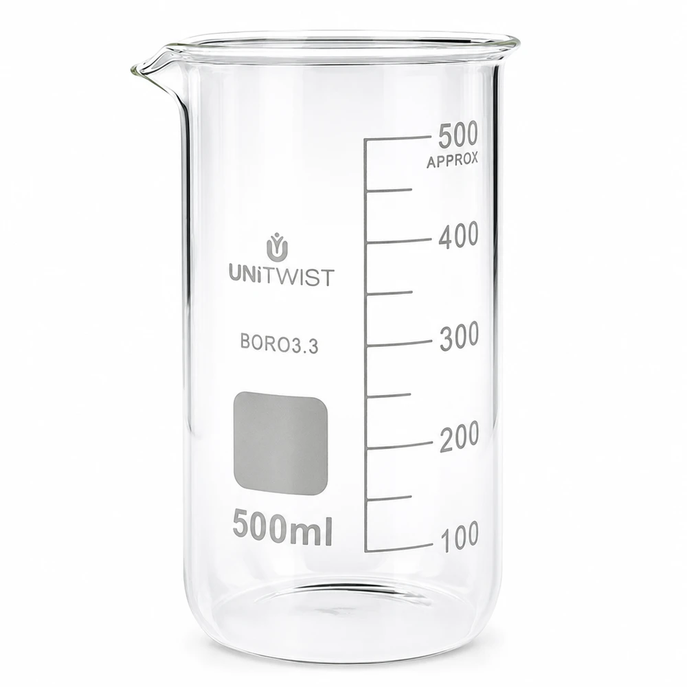 Bicchiere da laboratorio da 500 ml, modello alto, in vetro borosilicato 3.3 con scala graduata in millilitri di UNITWIST