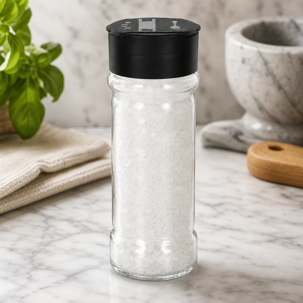 Barattolo per sale e spezie da 100 ml con doppio dosatore, nero Vaso spargisale da 100 ml riempito con sale marino grosso e dotato di coperchio nero a doppia fessura, su base in marmo