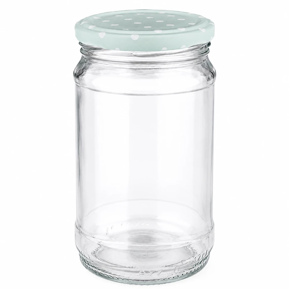 Vaso di vetro rotondo da 370 ml con coperchio a pois color menta BasicSeal di UNiTWIST, vuoto, su sfondo bianco