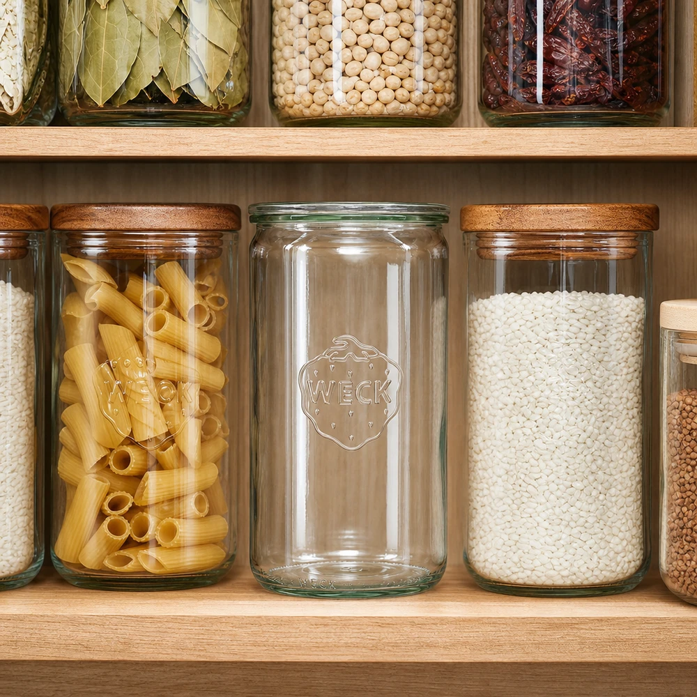 Vaso WECK 1590ml RR100 in dispensa organizzata tra pasta e riso con ripiani in legno