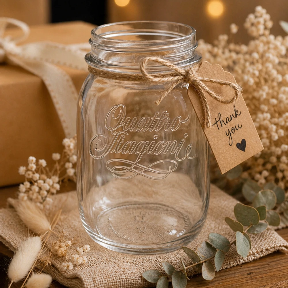 Vaso domestico "Quattro Stagioni" da 500 ml Barattolo Quattro Stagioni da 500 ml con etichetta di ringraziamento su un tavolo di legno rustico decorato con fiori secchi