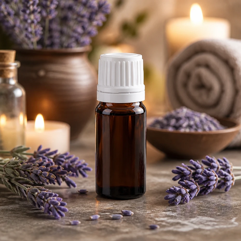 Flacone contagocce in vetro color ambra da 5 ml con tappo bianco a prova di bambino per olio di lavanda