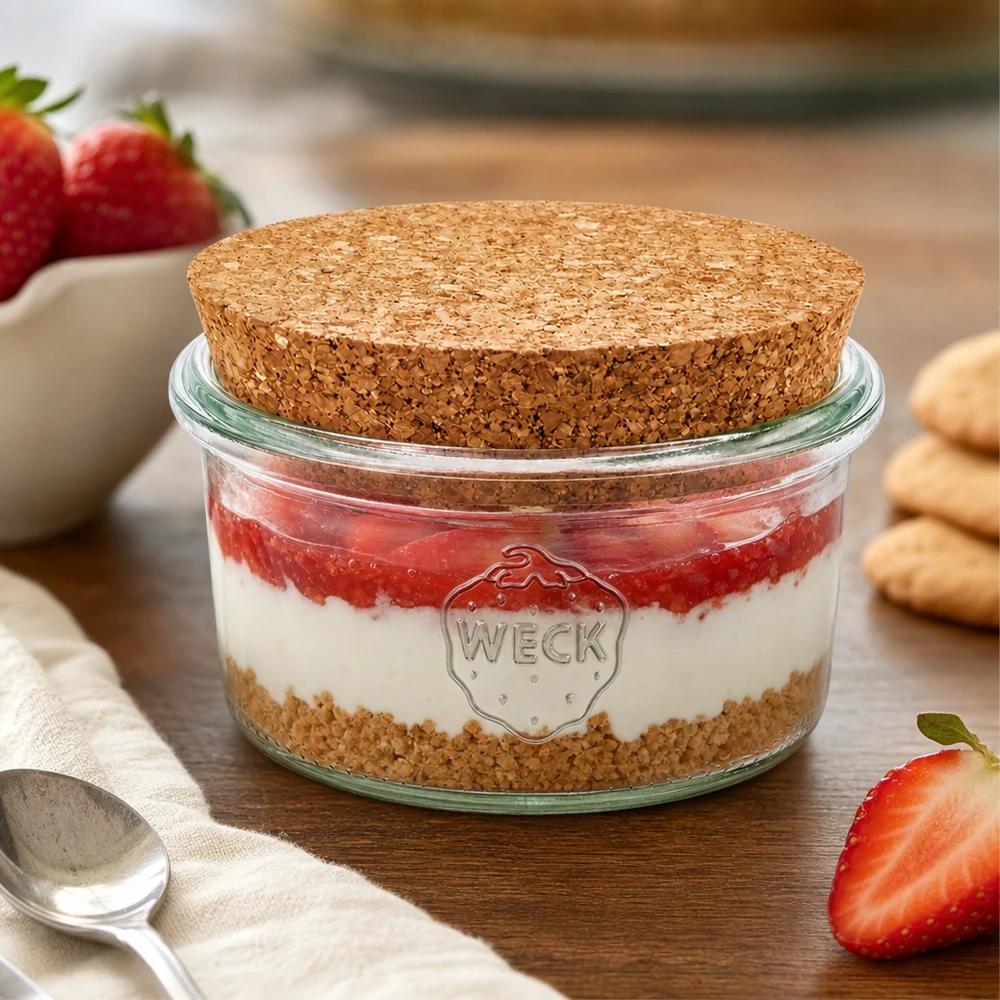 Bicchieri da 165 ml WECK RR80 con tappo in sughero naturale WECK Sturzglas 165ml mit Korkdeckel als Dessertglas für Erdbeer-Tiramisu dekoriert mit frischen Erdbeeren