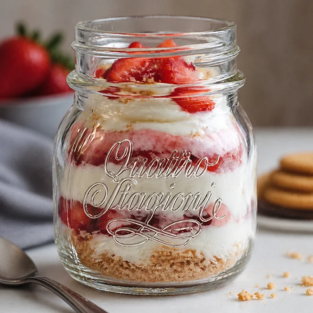 Barattolo da 150ml "Quattro Stagioni" 150 ml di bicchiere Quattro Stagioni per uso domestico riempito con un dessert a strati di fragole e panna su un piano di lavoro bianco della cucina