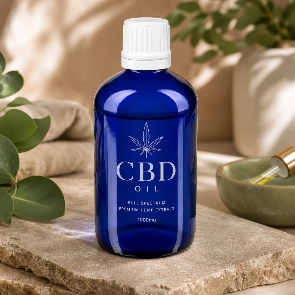 Contagocce blu da 20ml. STD KiSi bianco/1,2 mm ApoGlas Flacone di olio al CBD da 20 ml, blu cobalto con tappo dosatore bianco, presentato in modo decorativo su una pietra naturale
