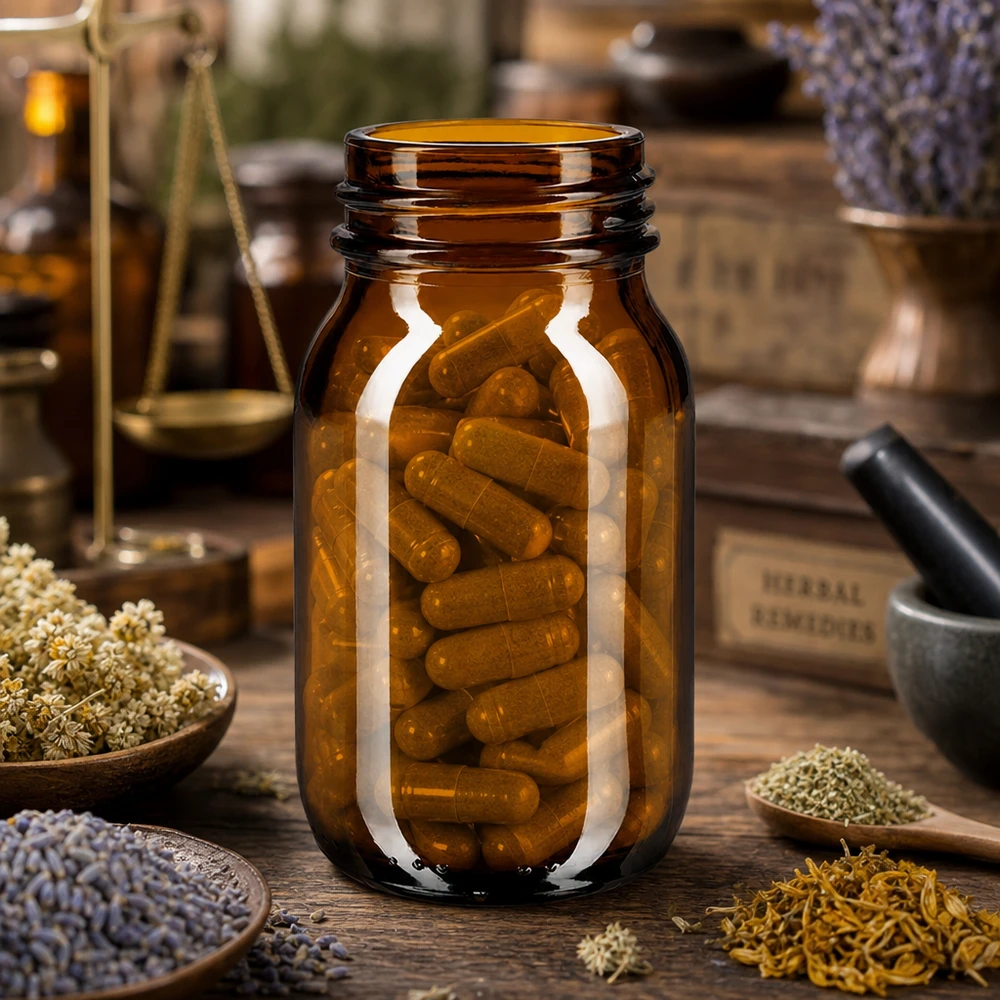 Bottiglia in vetro ambrato da 100 ml con collo largo, ideale per integratori alimentari ed erbe.