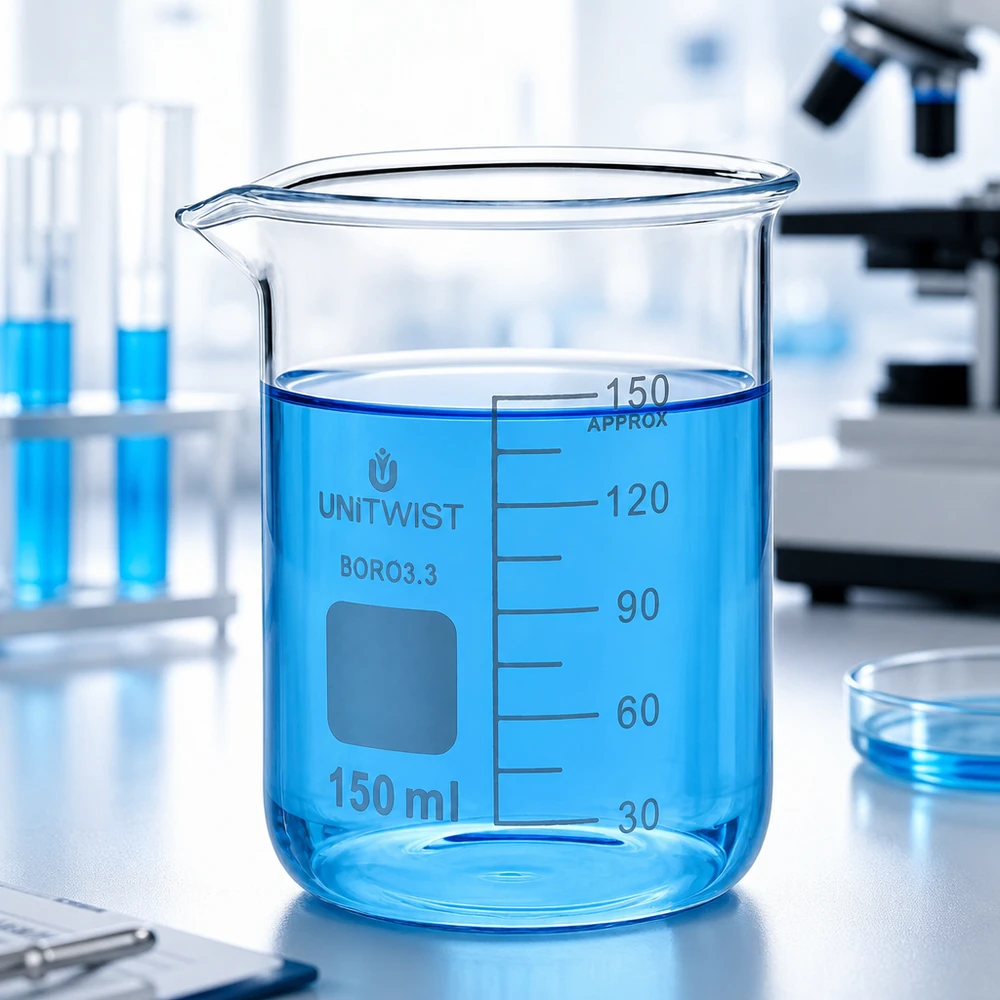 Bicchiere da laboratorio UNiTwist da 150 ml in borosilicato 3.3, forma bassa, con liquido blu in laboratorio