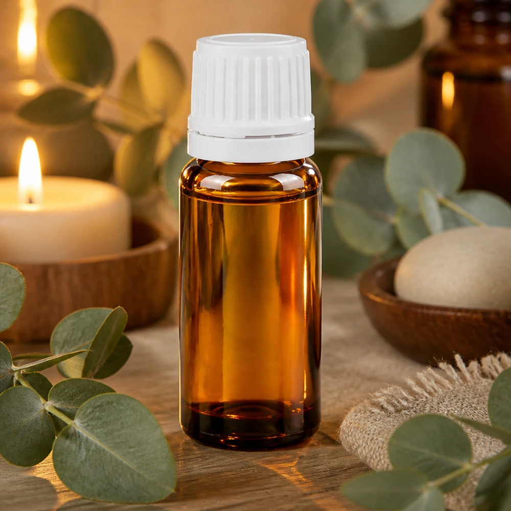 Piccolo flacone in vetro ambrato da 10 ml con tappo di sicurezza bianco per oli essenziali