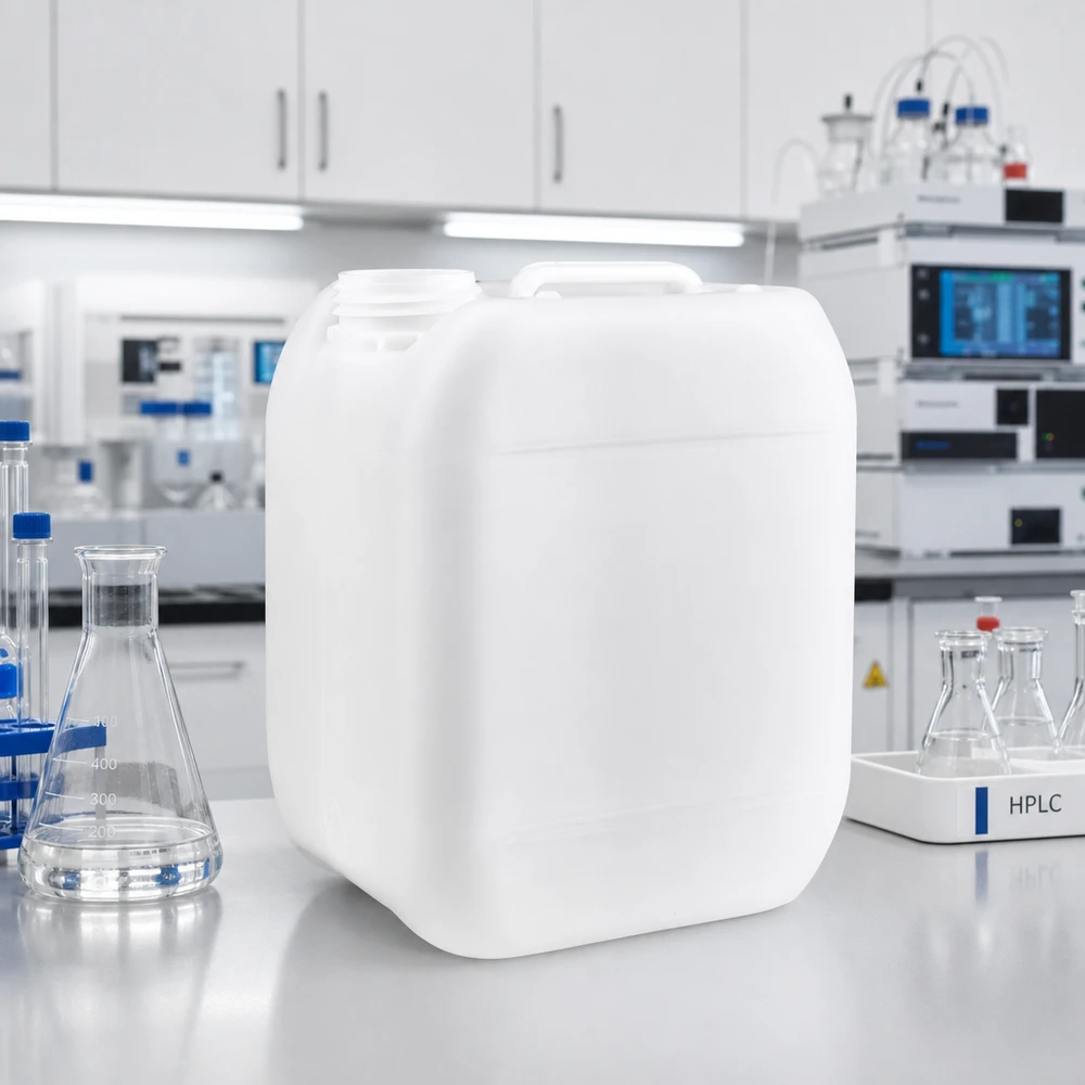 Tanica da 5 litri senza tappo Tanica vuota da 5 litri senza tappo su un piano di lavoro bianco da laboratorio accanto a un matraccio di Erlenmeyer