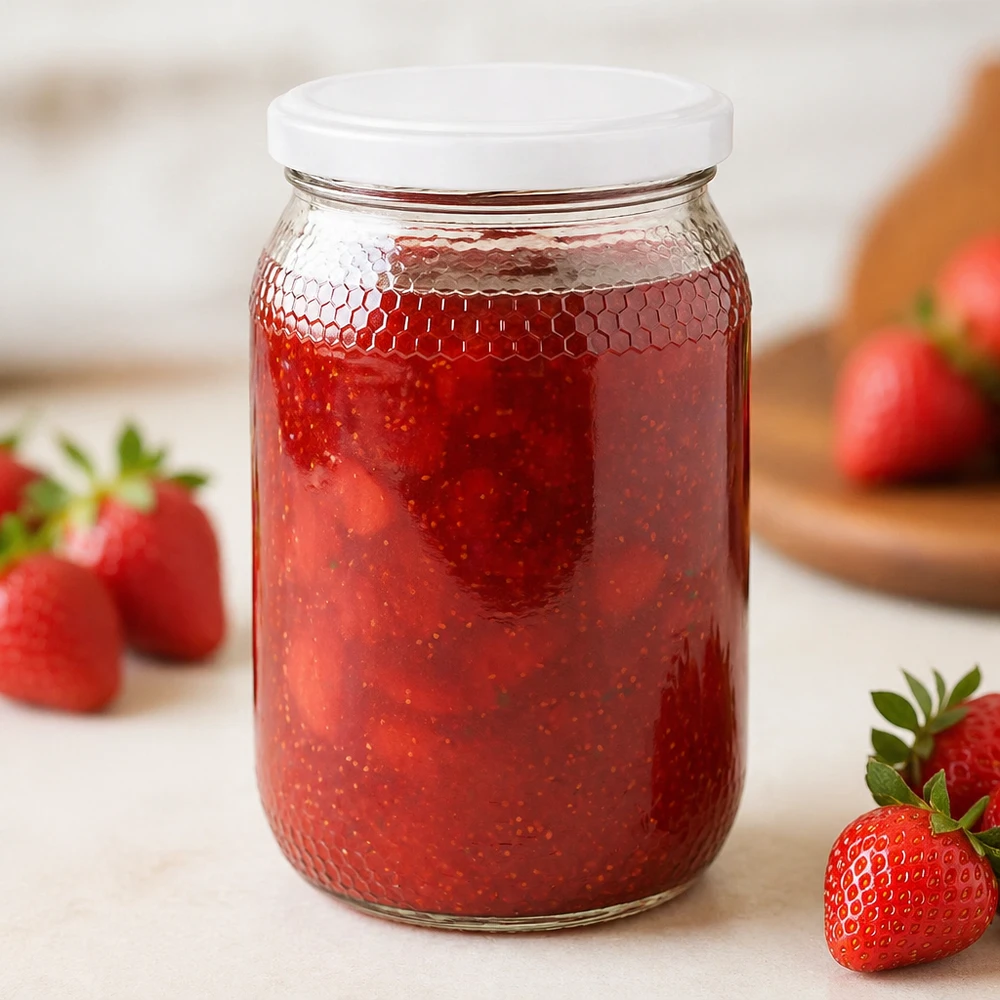 Vasetto per miele da 1260 g con capsula bianca BasicSeal UNiTWIST Il barattolo di miele da 900 ml riempito di marmellata di fragole dimostra l'idoneità per le marmellate Coperchio BasicSeal UNiTWIST