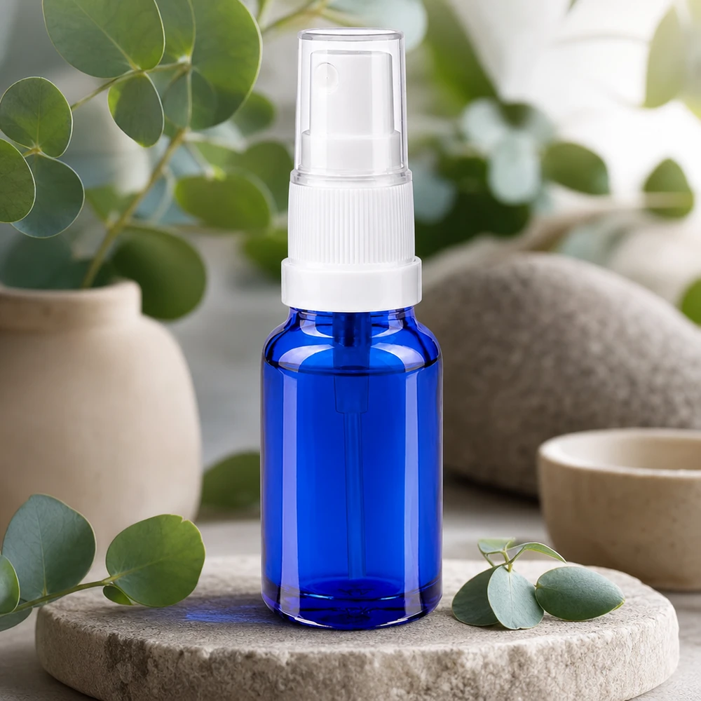 Flacone spray da 10 ml bianco/tr. STD BlueLine UT18/10 Pratico flacone spray blu da 10 ml con nebulizzatore bianco, perfetto per gli spostamenti e i viaggi.
