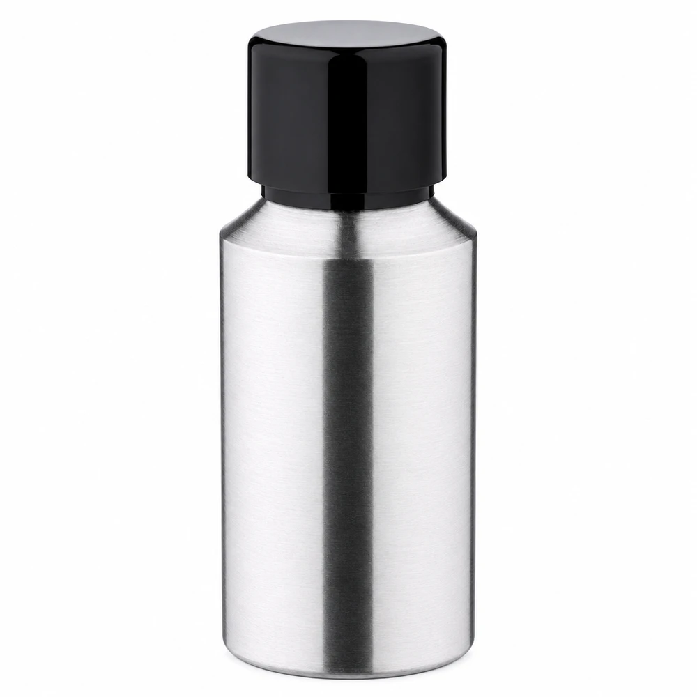 Bottiglia compatta in alluminio da 30 ml dal design elegante con coperchio nero per liquidi