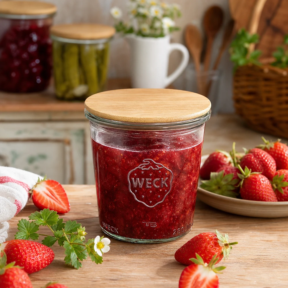Vaso da conserva WECK da 290 ml con coperchio in bambù riempito di marmellata di fragole circondato da fragole fresche su un tavolo di legno
