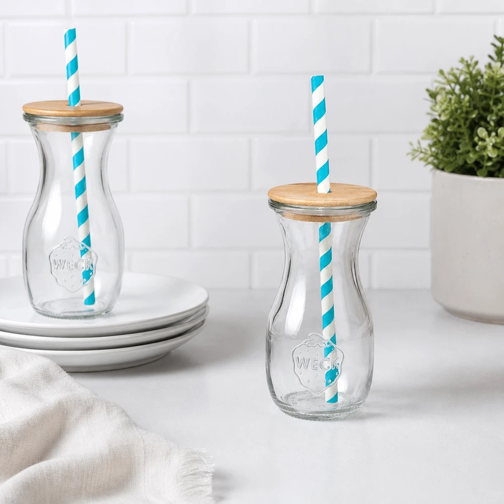2 bottiglie di vetro WECK 290ml coperchio in legno turchese-bianco eco cannucce decorazione cucina piastrelle bianche piatto pianta