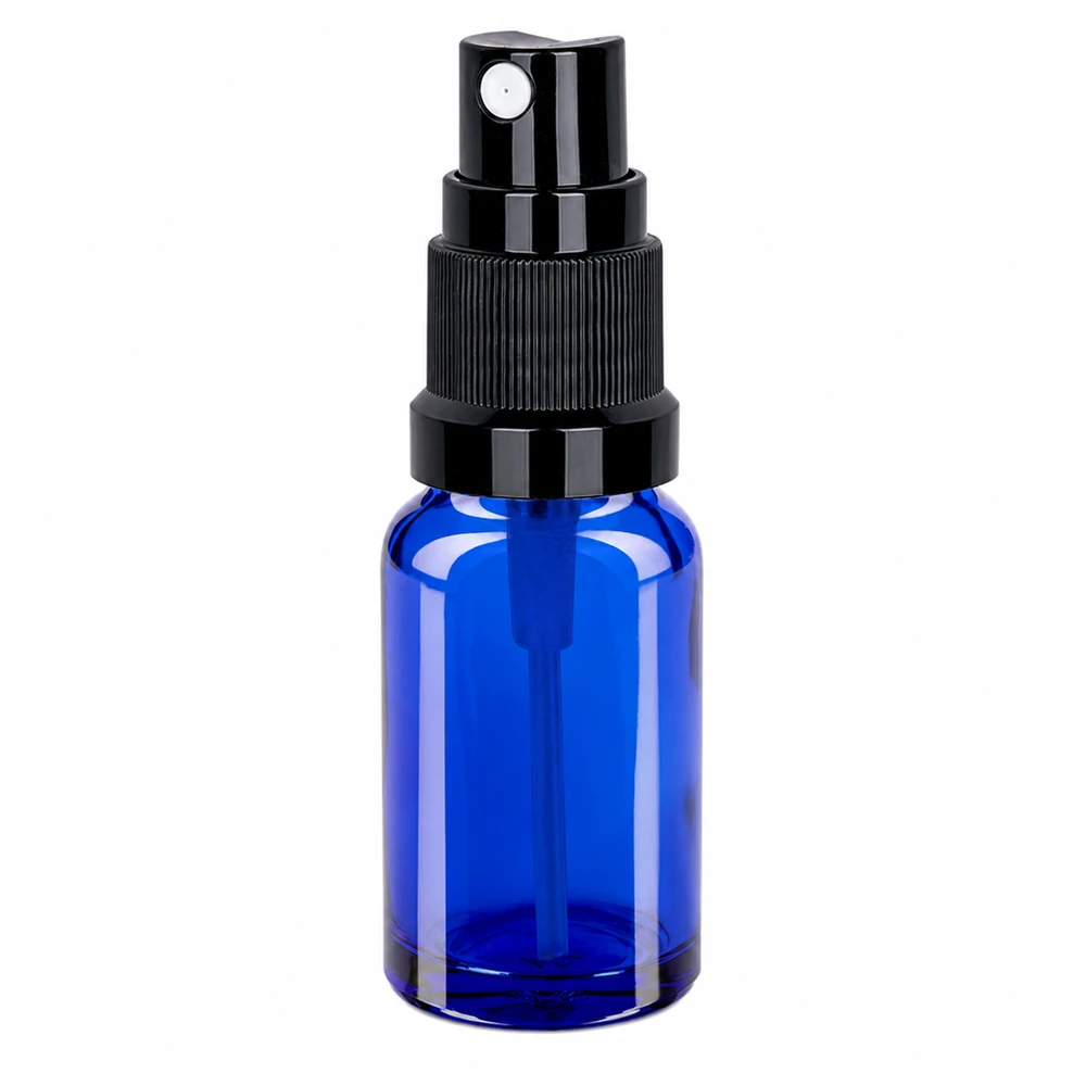 Flacone spray da 10 ml nero STD BlueLine UT18/10 Flacone spray da 10 ml in vetro blu STD BlueLine UT18/10 con tappo nero per liquidi