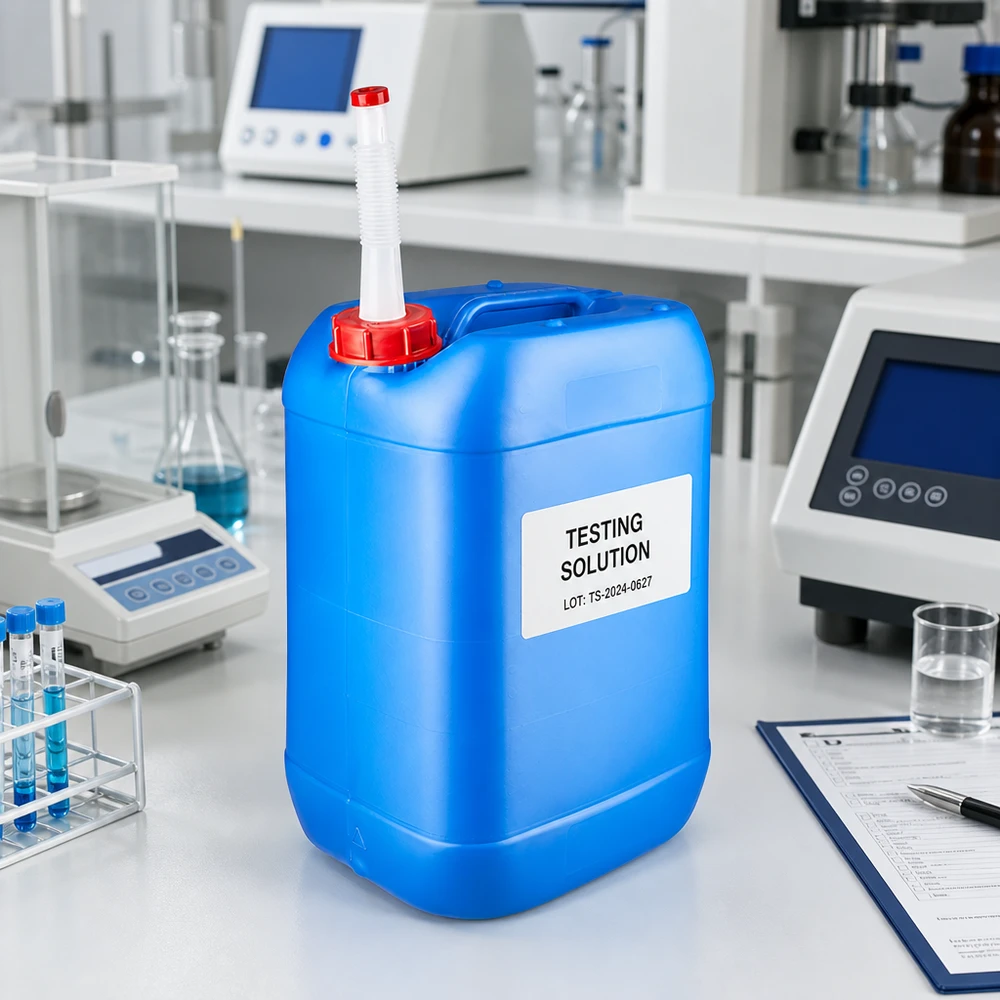 Tanica 25 litri blu con tubo di uscita Flex Tanica da 25 L blu con beccuccio flessibile ed etichetta per soluzione di prova in ambito di laboratorio