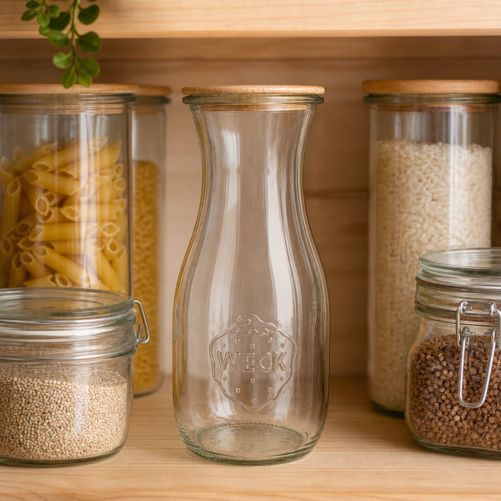 Bottiglia di succo WECK 530ml RR60 vuota tra i vasi di conservazione con pasta e riso in una cucina organizzata con ripiani in legno