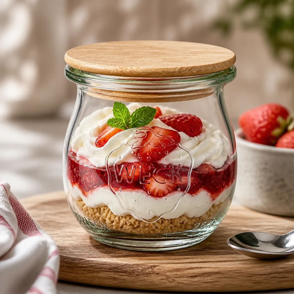 WECK vaso a tulipano 75ml RR40 con coperchio in bambù riempito di dessert alla fragola e panna su un tavolo di legno