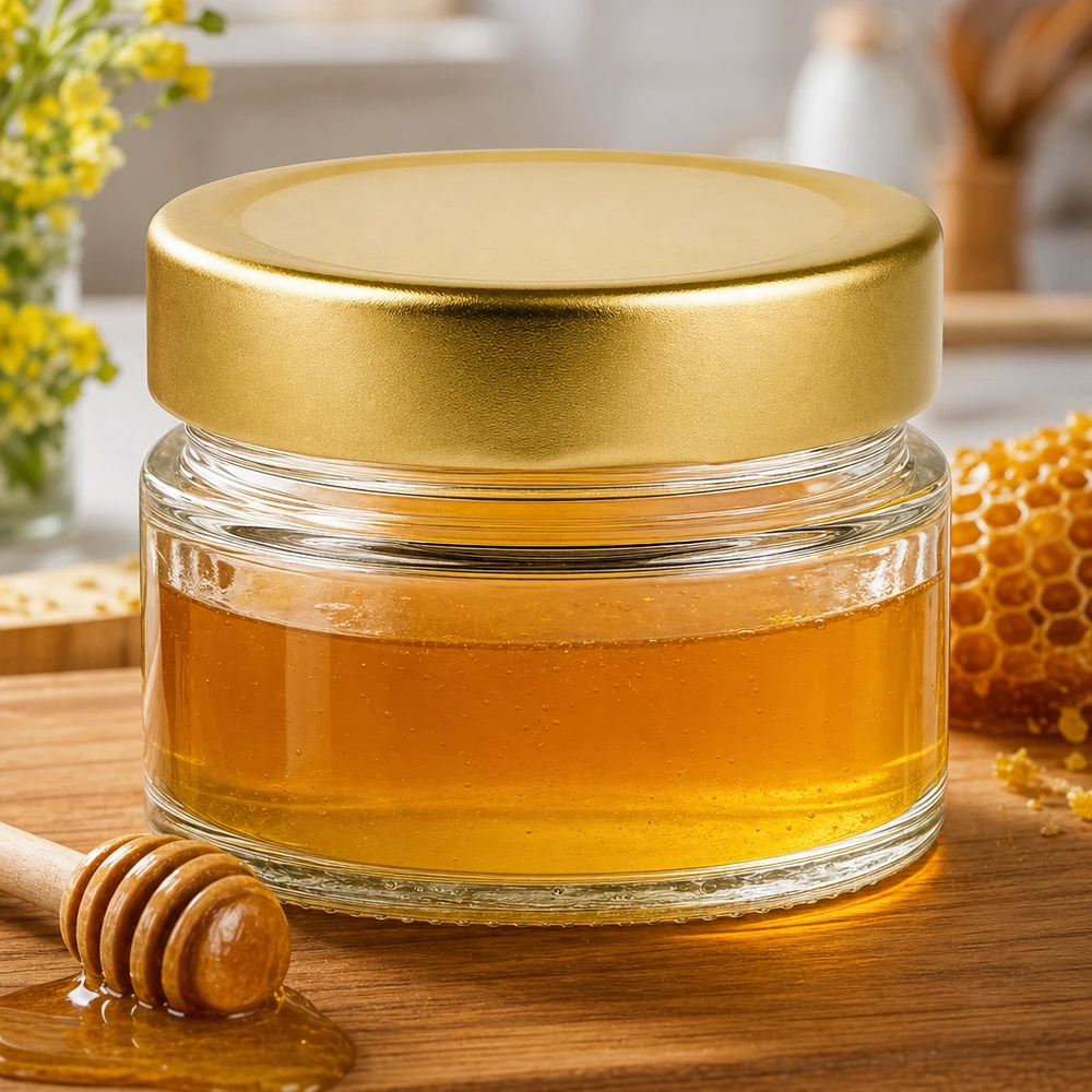 Barattolo rotondo da 80 ml con coperchio BasicSeal oro profondo UNiTWIST. Vasetto rotondo da 80 ml con coperchio BasicSeal color oro pieno di miele accanto a favo e cucchiaio da miele su tavoletta di legno