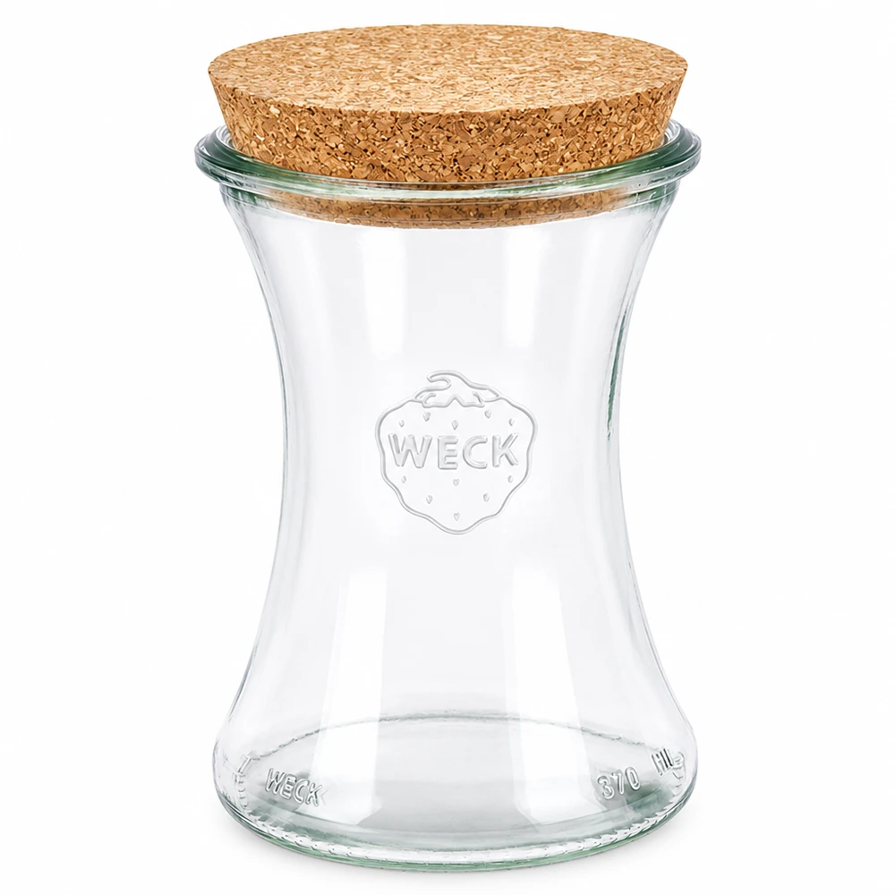 Vasetto da 370 ml WECK RR80 con tappo in sughero naturale Vaso per salumi WECK 370ml RR80 con coperchio in sughero naturale in vetro trasparente per la conservazione