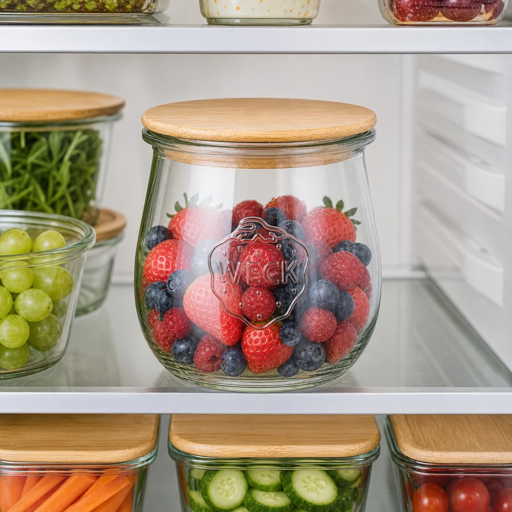 Vaso per tulipani da 220 ml WECK RR60 con coperchio in legno WECK Tulpenglas 220ml mit Holzdeckel zur Aufbewahrung von Beeren im Kühlschrank - Frischhalteglas für Obst