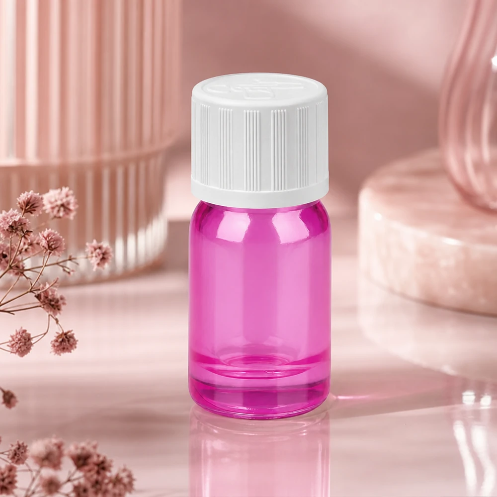 Bottiglia da 5ml tappo a vite 11mm bianco standard a prova di bambino PurpleLine UT18/5 Flacone decorativo in vetro viola da 5 ml con tappo bianco come accessorio di stile per il bagno