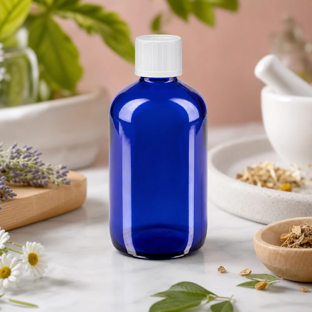 Flacone da farmacia blu da 100 ml con contagocce, circondato da erbe aromatiche, lavanda e fiori di camomilla