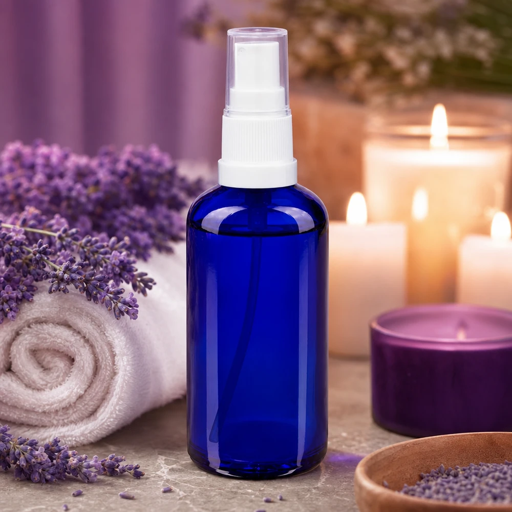 Flacone spray blu da 50ml STD bianco/trasparente apoGlas Flacone spray in vetro da farmacia blu da 50 ml con lavanda e candele in un’atmosfera di benessere