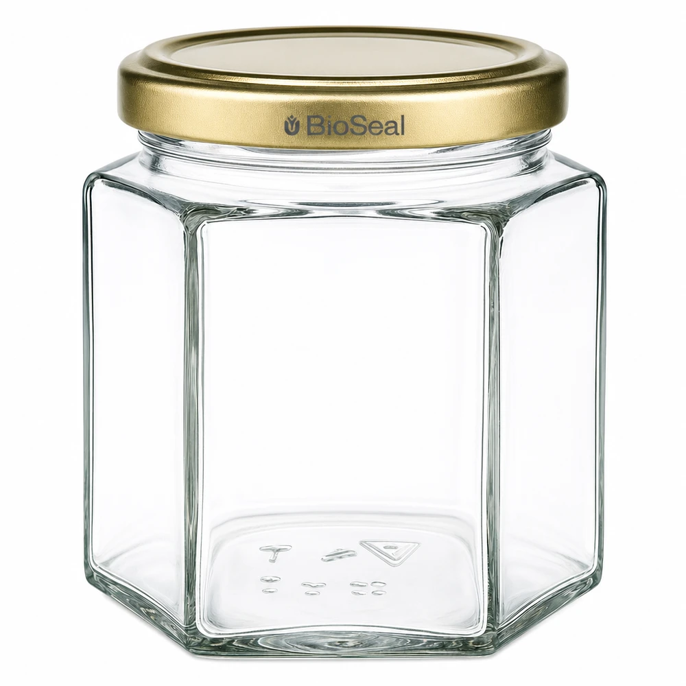 Vasetto per miele da 520 g con capsula dorata BioSeal UNiTWIST Vasetto per miele da 520 g esagonale trasparente con coperchio BioSeal dorato per apicoltori e imbottigliamento di miele