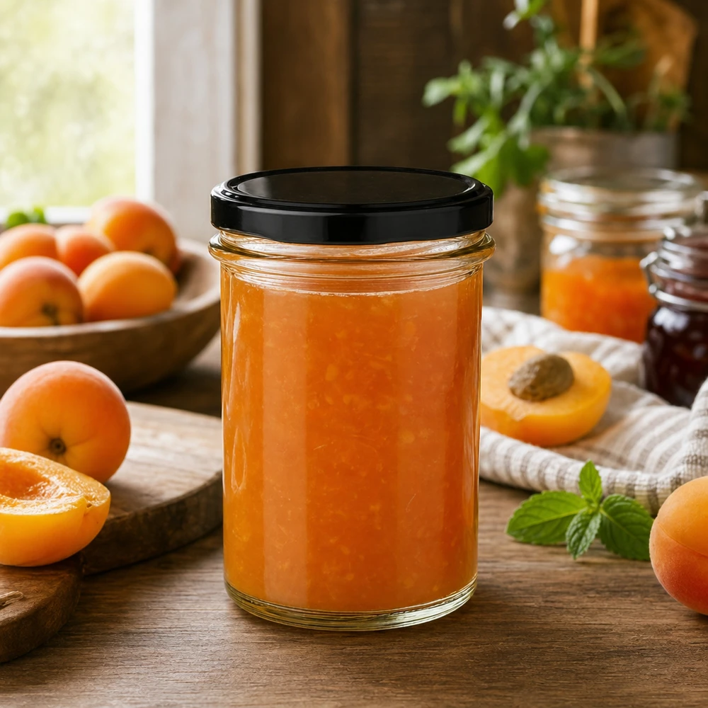 Bicchieri da 230 ml con coperchio BasicSeal nero UNiTWIST. Vasetto da 230 ml di BasicSeal nero riempito di marmellata di albicocche tra albicocche fresche Marmellata di scene di cucina