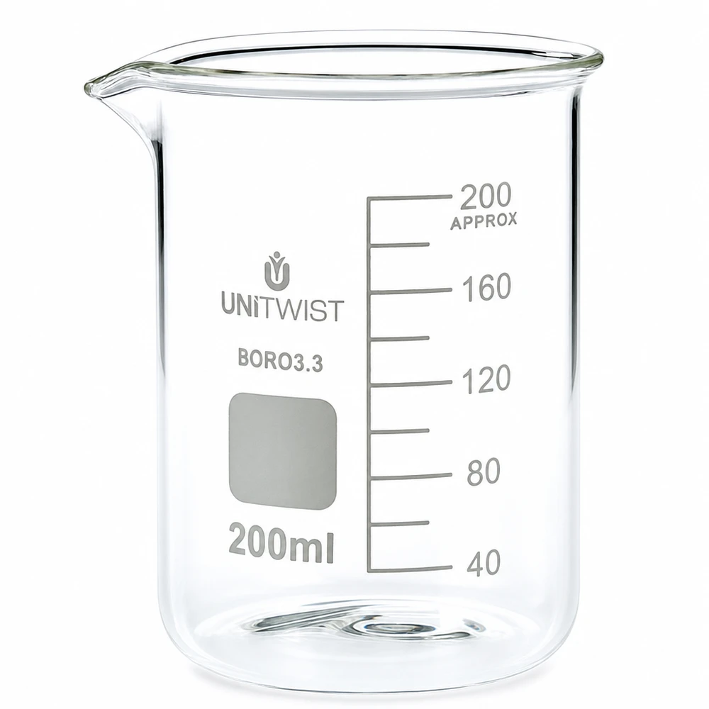 Bicchiere da laboratorio da 200 ml, forma bassa, in borosilicato, di UNiTWIST, con scala in millilitri
