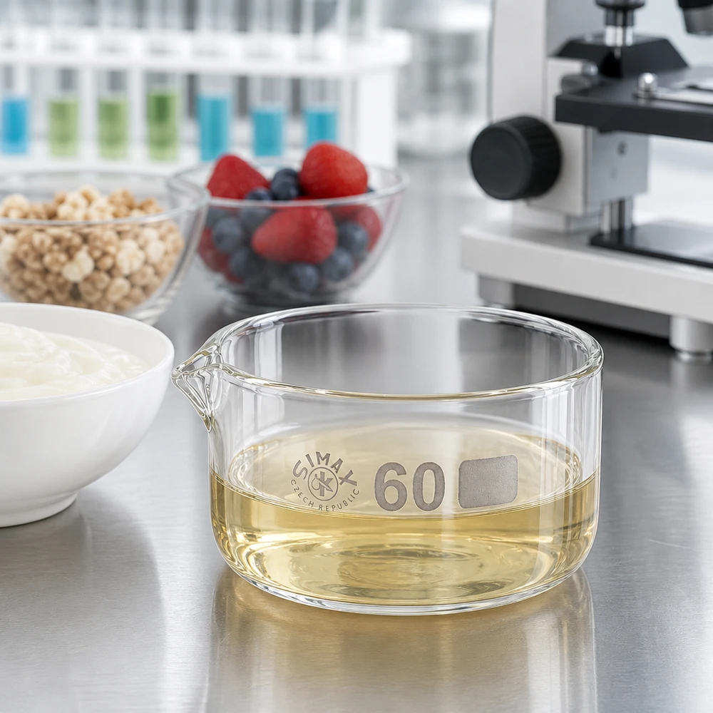 Piatto per cristallizzazione da 60 ml con beccuccio Bo. ø60mm Ciotola di cristallizzazione da 60 ml per analisi alimentari in laboratorio: yogurt, frutti di bosco, muesli, olio alimentare, vetro borosilicato