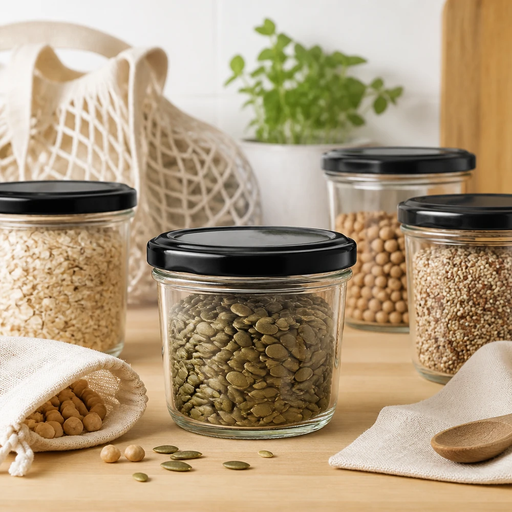 Bicchieri da 230 ml con coperchio BasicSeal nero UNiTWIST. 230ml Sturzglas mit grünen Linsen in stylischer Küchenszene zeigt moderne Aufbewahrung für Hülsenfrüchte und Vorräte