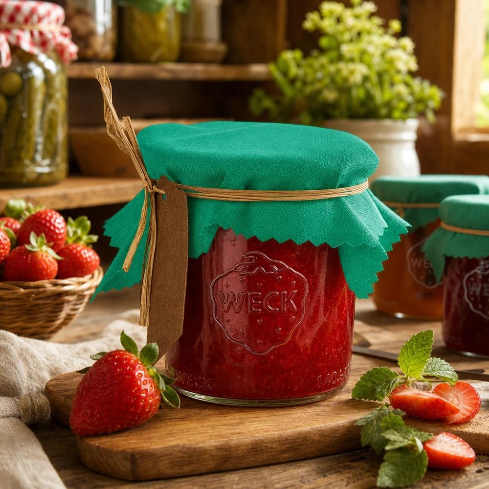 Centrino decorativo verde di 12 cm quadrati su barattolo di marmellata di fragole con cordoncino di rafia ed etichetta in cucina rustica