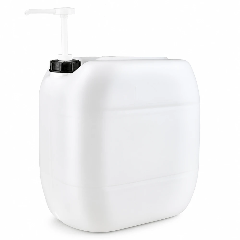 Tanica da 30 litri con pompa dosatrice Tanica in plastica bianca da 30 litri con pompa dosatrice bianca su tappo a vite nero
