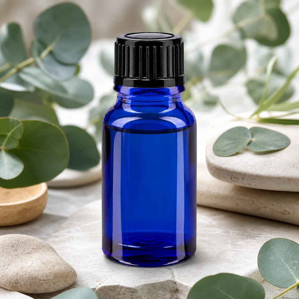 Flacone contagocce blu da 10ml STD nero/1mm ApoGlas Flacone contagocce ApoGlas da 10 ml, blu cobalto, con tappo a vite nero per aromaterapia
