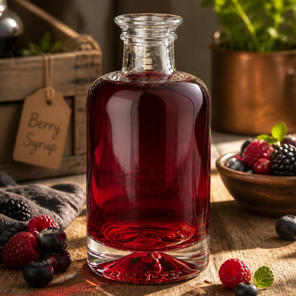 Flacone farmaceutico da 100 ml Sofia senza tappo UNiTWIST® Bottiglia in vetro Sofia da 100 ml riempita di succo di bacche rosse circondata da bacche fresche su uno sfondo rustico in legno