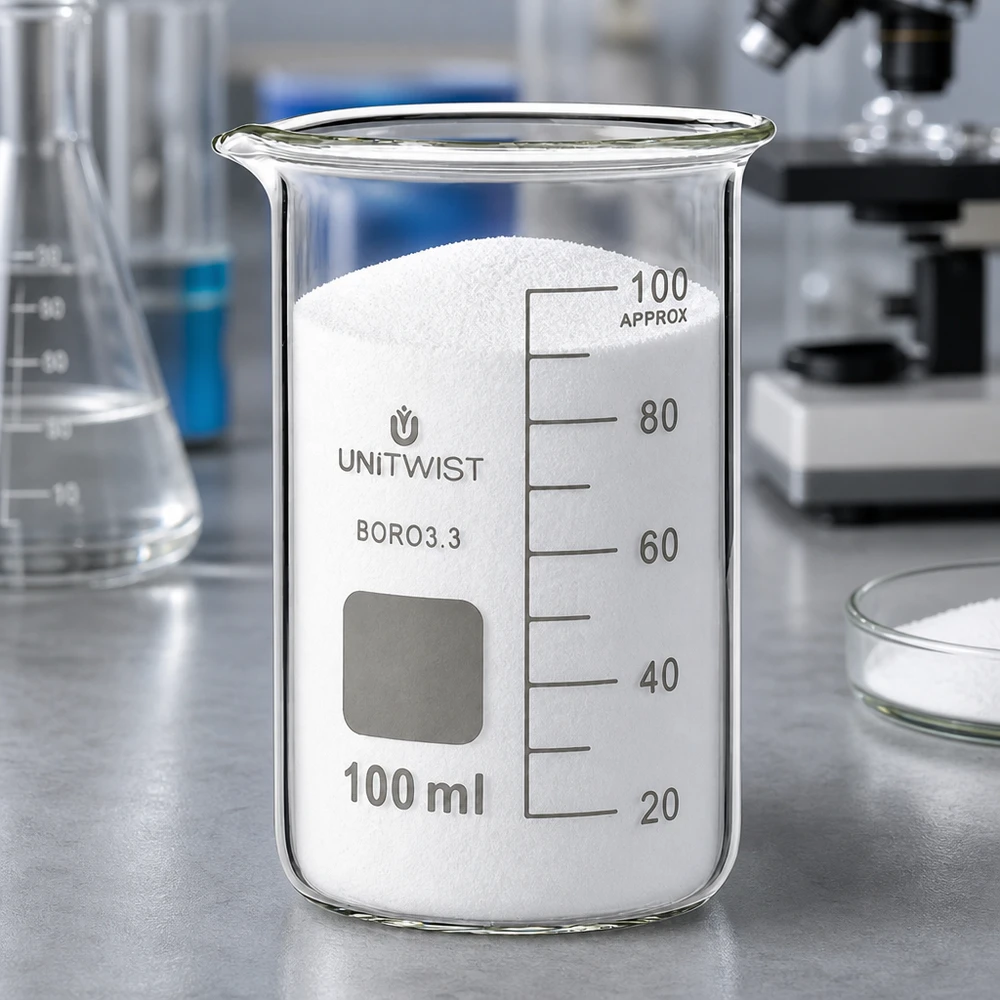 Vaso di vetro UNITWIST da 100 ml, forma alta, in borosilicato, contenente polvere bianca in laboratorio